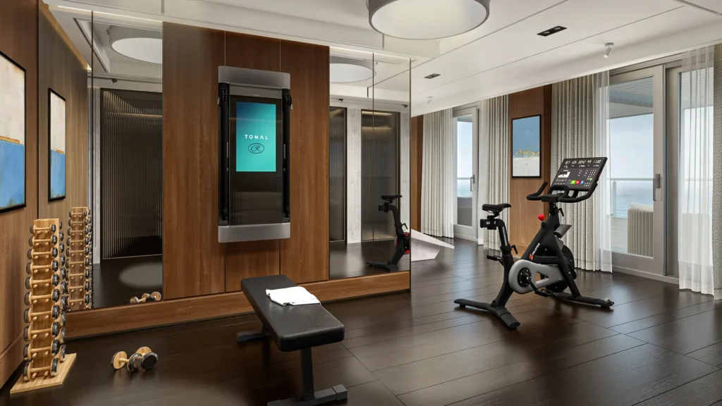 Rendering of a private suite gym with a wall-mounted training screen, exercise bike, bench and dumbbells beside balcony doors