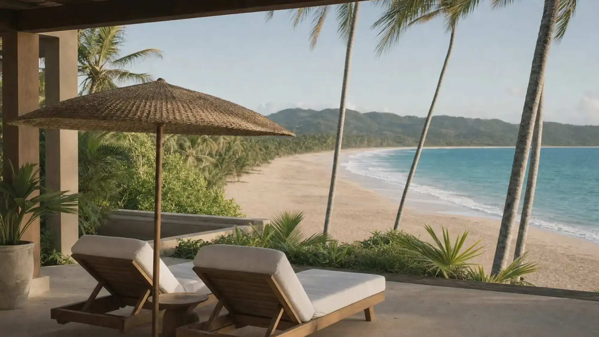 Illustration of a shaded beach terrace with two loungers overlooking a palm-lined beach at Miches, Dominican Republic