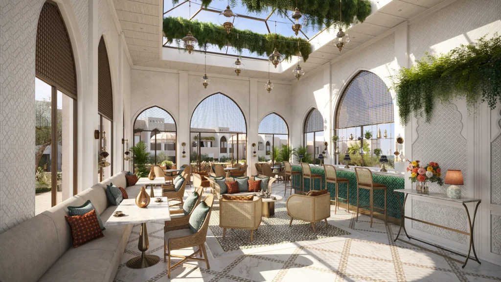 Rendering of the Anantara Retreat Rabat tea room with arched windows, lanterns and a tiled bar