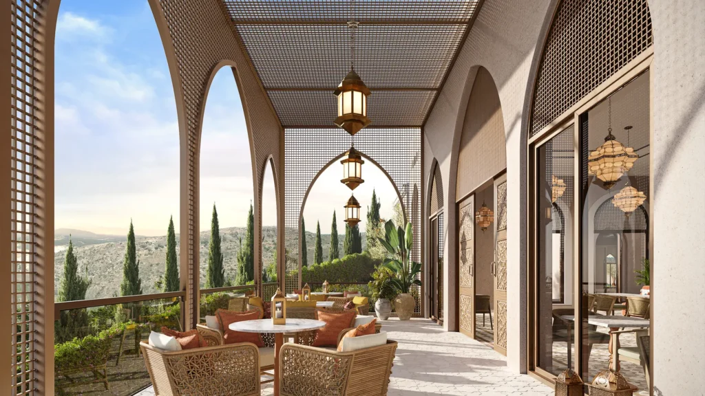 Rendering of a lattice-shaded arched terrace with armchairs at Anantara Retreat Rabat