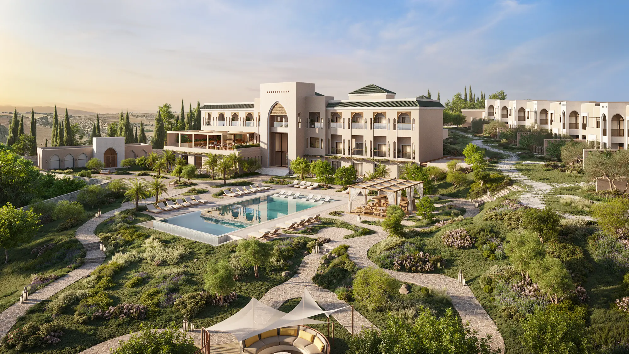 Aerial rendering of Anantara Retreat Rabat: Moroccan-style buildings above a pool and landscaped gardens