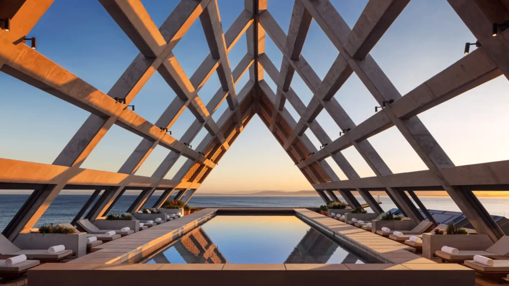 Rooftop pool beneath a timber lattice roof, looking out to the Atlantic at sunset