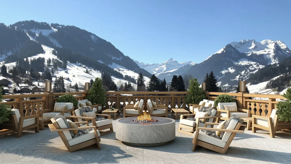Rendering of a terrace with lounge chairs around a fire pit facing snowy Alpine peaks