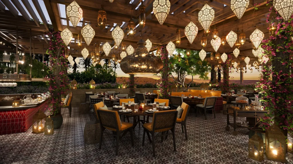 Rendering of an open-air restaurant under dozens of pierced lanterns, with tiled floor and climbing flowers