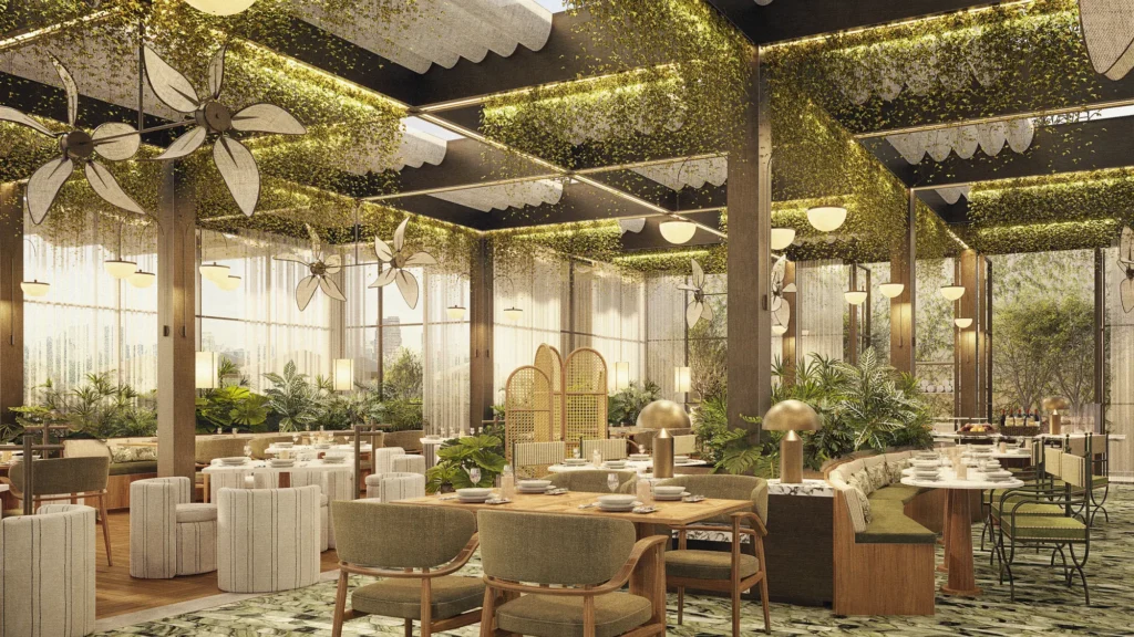 Rendering of a plant-filled restaurant with a green patterned floor, timber tables and petal-shaped ceiling fans
