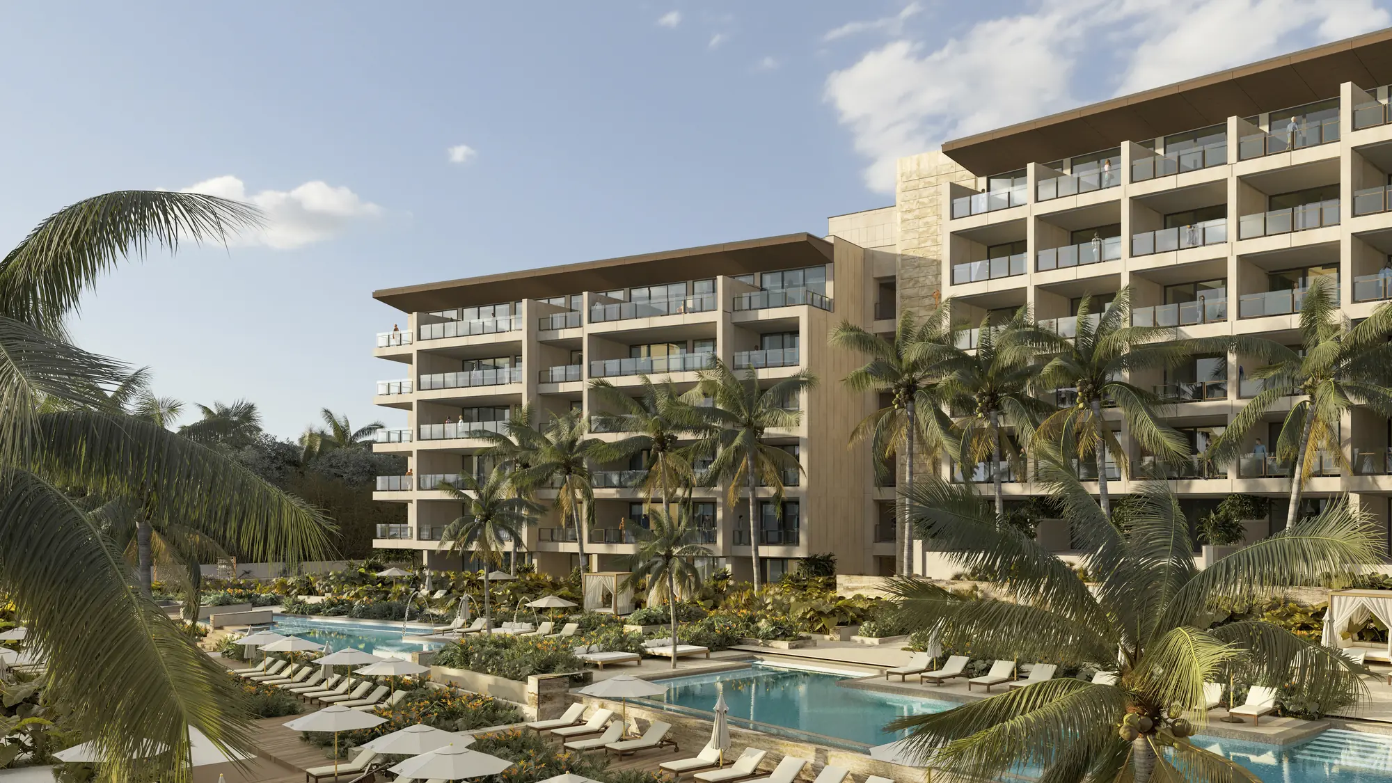 Rendering of a five-storey beachfront resort with terraced balconies, palm trees and swimming pools