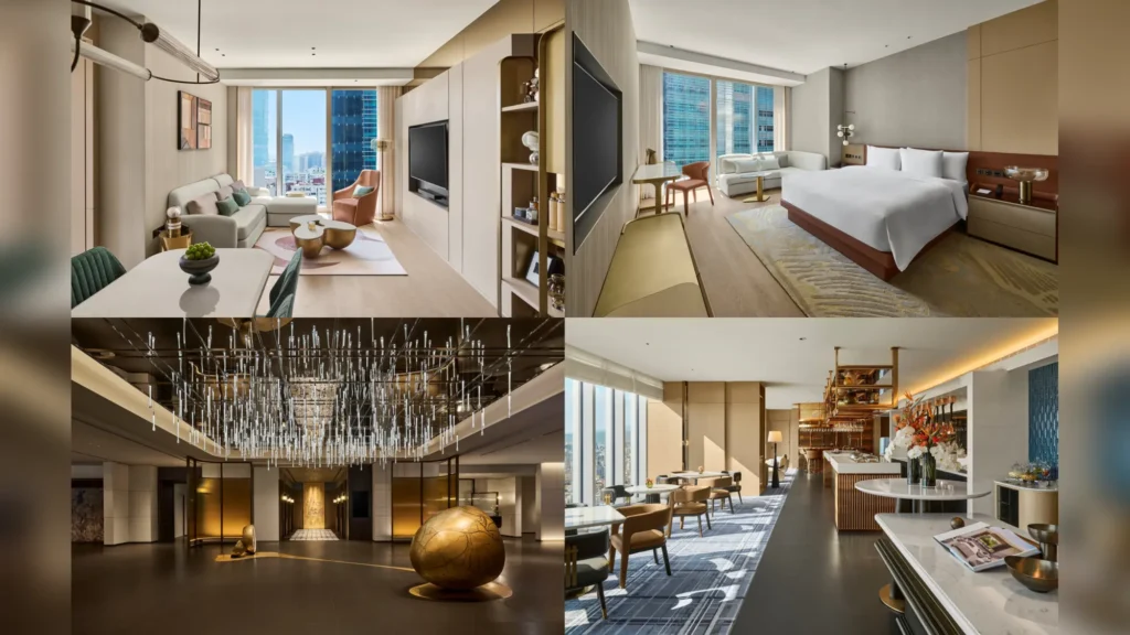 Four interiors at InterContinental Taipei: suite living room, guestroom, lobby and restaurant