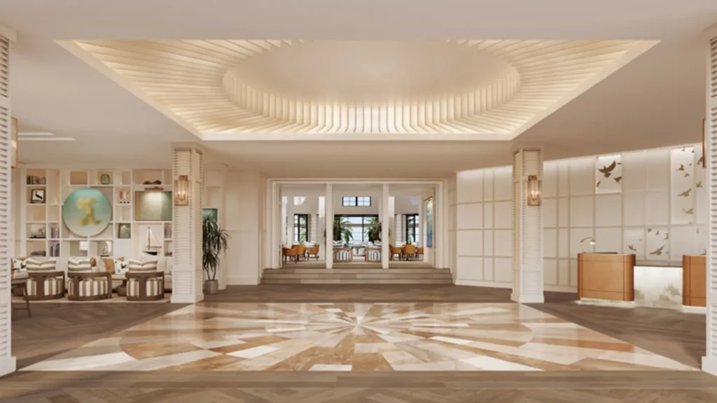 Rendering of a bright hotel lobby with a sunburst ceiling, patterned stone floor and white panelled walls