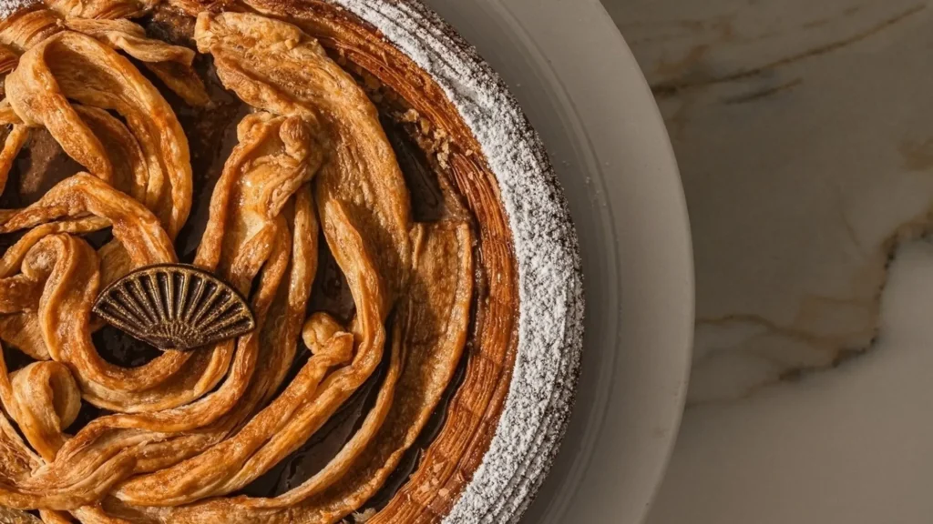 Golden Galette des Rois decorated with a Mandarin Oriental fan emblem