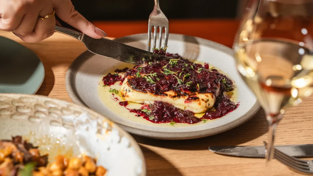 Grilled halloumi with a dark berry topping, served with white wine