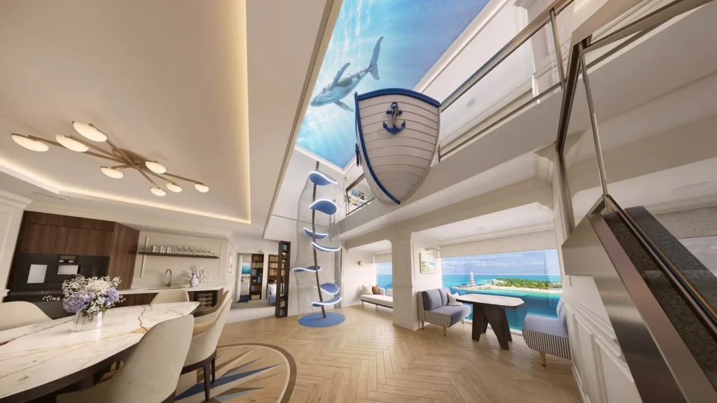 Rendering of an open-plan living and dining area with a nautical-themed double-height wall and sea views