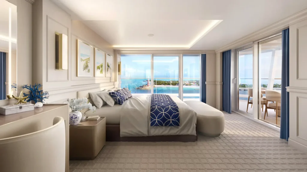 Rendering of a large cruise stateroom with a king bed and floor-to-ceiling glass doors to a balcony
