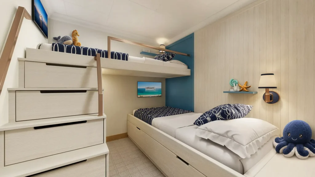 Rendering of a children's cabin with a bunk bed, storage steps and a plush octopus toy
