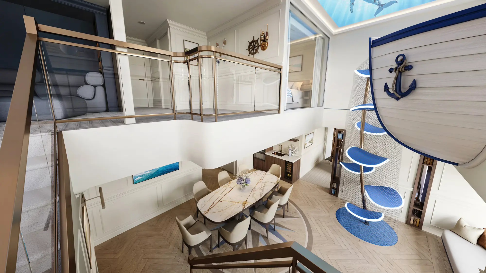 Rendering of a two-storey cruise-ship villa with a dining table below a glass-railed upper level and a whale mural on the ceiling
