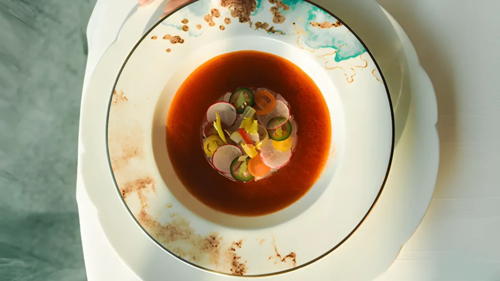 Overhead view of a seafood dish in a red broth served in a white plate