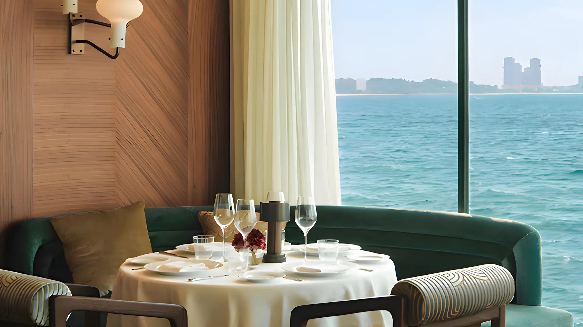 Green velvet banquette and a laid round table beside a window over the sea at Pierchic, Dubai