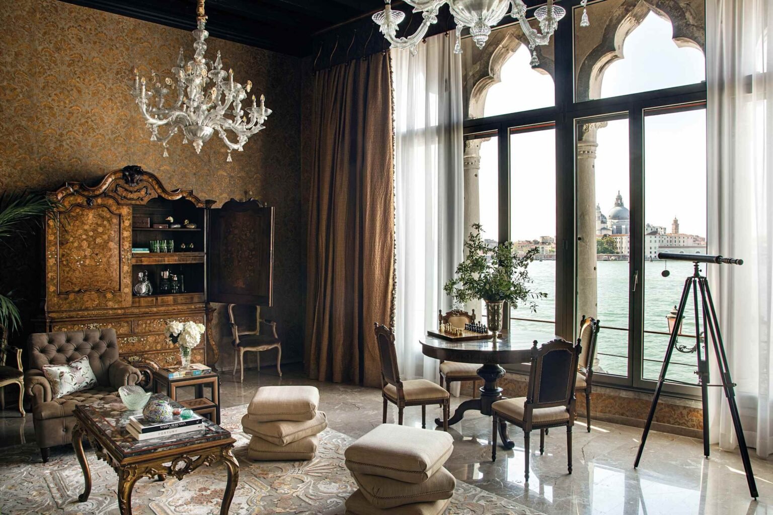 The Dogaressa Suite at Hotel Cipriani, with gothic windows looking across to Santa Maria della Salute