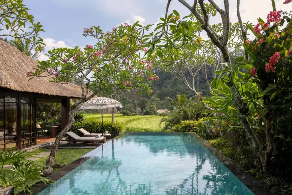 A private pool villa at Mandapa, a Ritz-Carlton Reserve, thatched roof and frangipani around the pool
