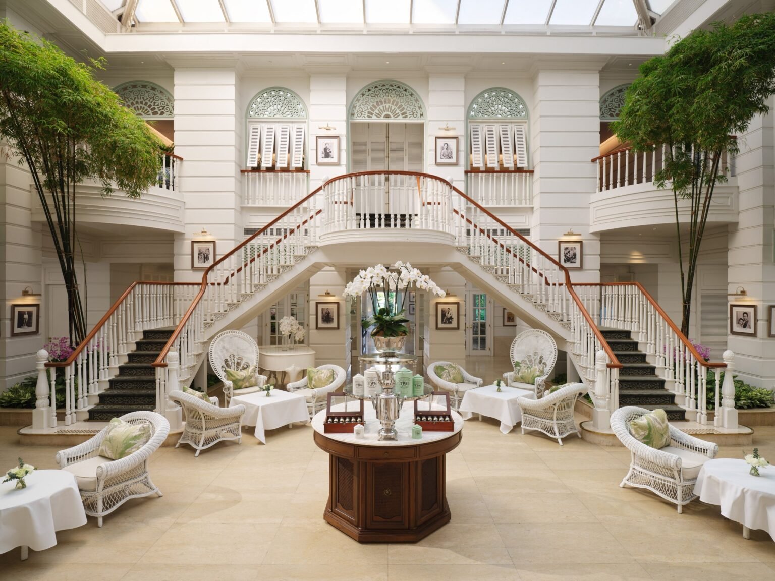 The Authors' Lounge at Mandarin Oriental, Bangkok, with twin white staircases