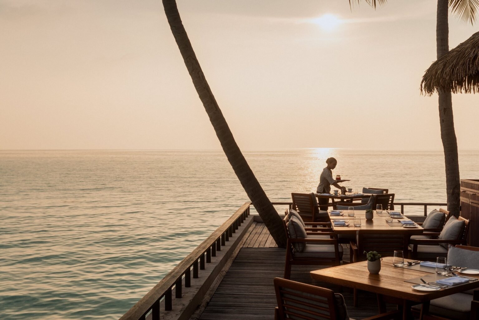 Reethi restaurant's terrace over the sea at sunset, One&Only Reethi Rah