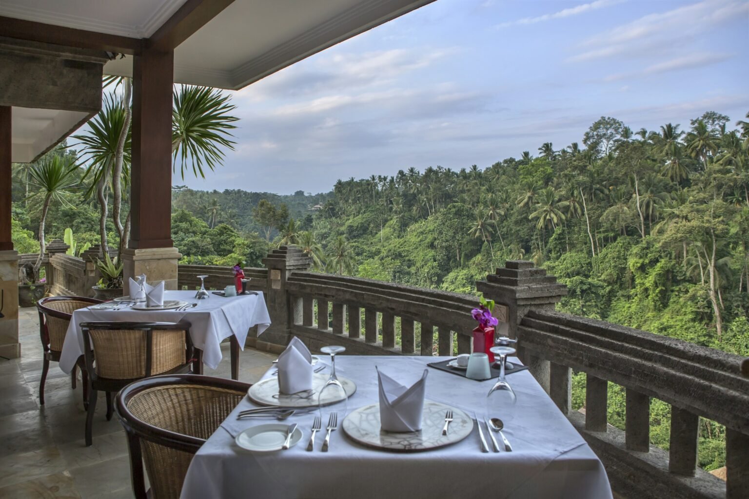 Restaurant terrace at Viceroy Bali overlooking the jungle valley