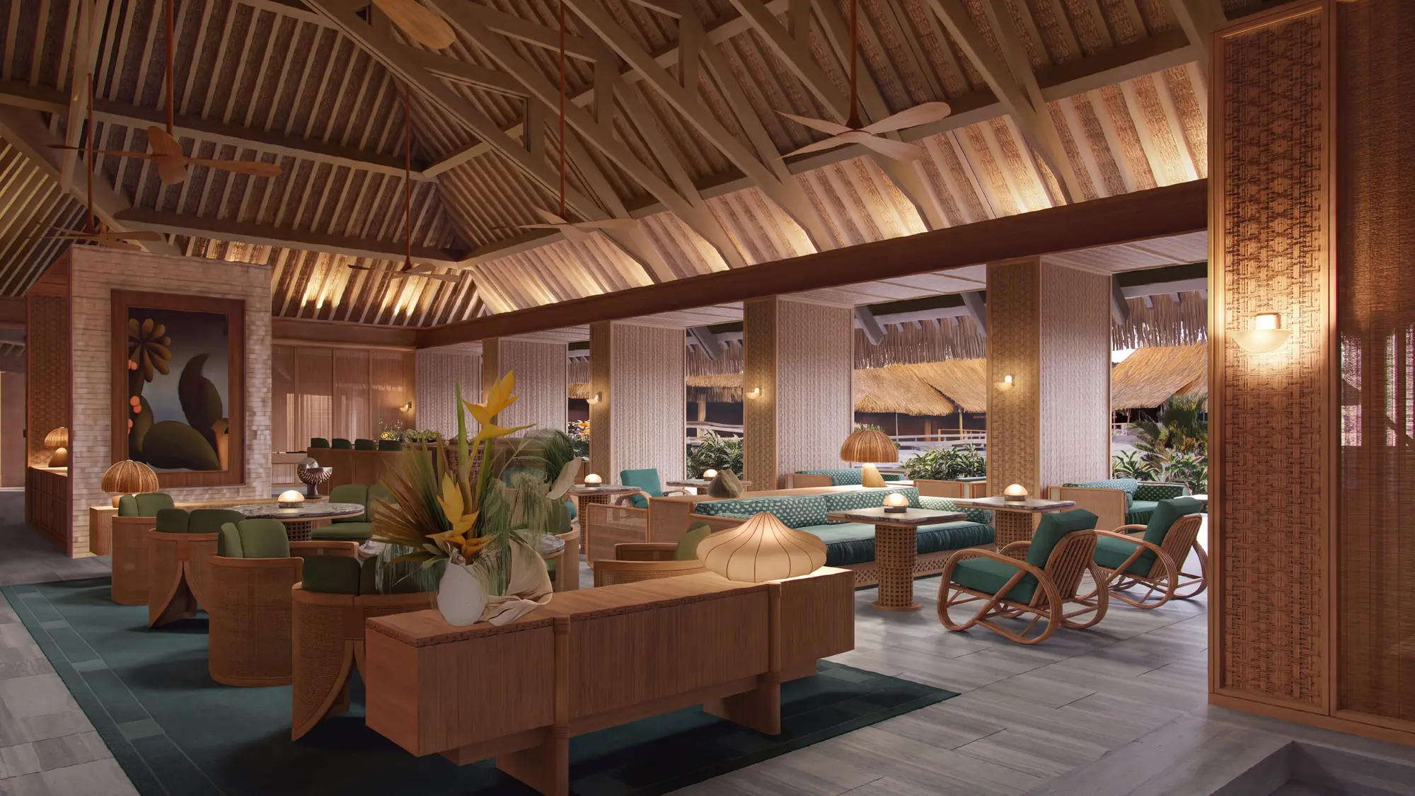 Rendering of an open-sided lounge beneath a high thatched timber roof, with rattan armchairs and green upholstery