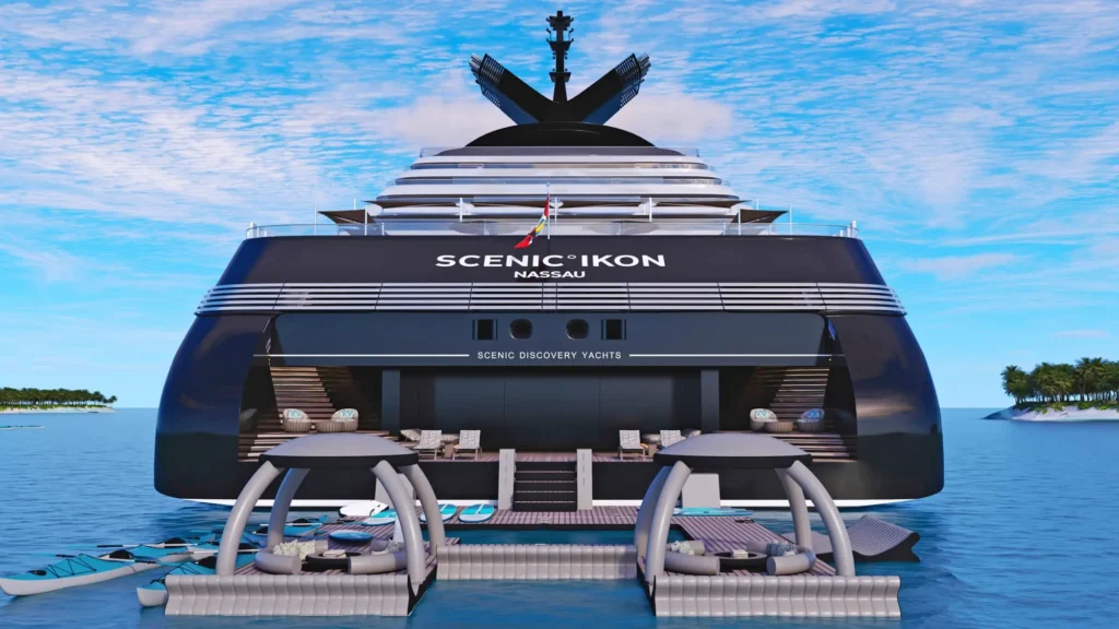 Rendering of Scenic Ikon's stern with its open marina platform and water-sports launches