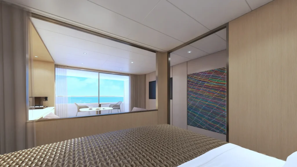 Rendering of a Master One-Bedroom Suite on Scenic Ikon with a sea-view window