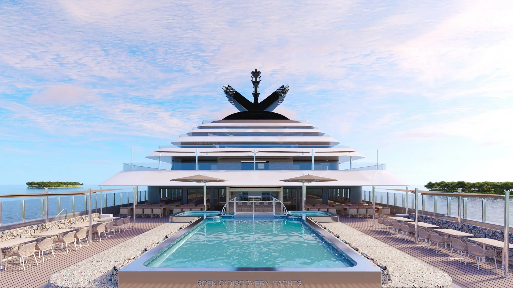 Rendering of the Yacht Club pool deck and terrace aboard Scenic Ikon