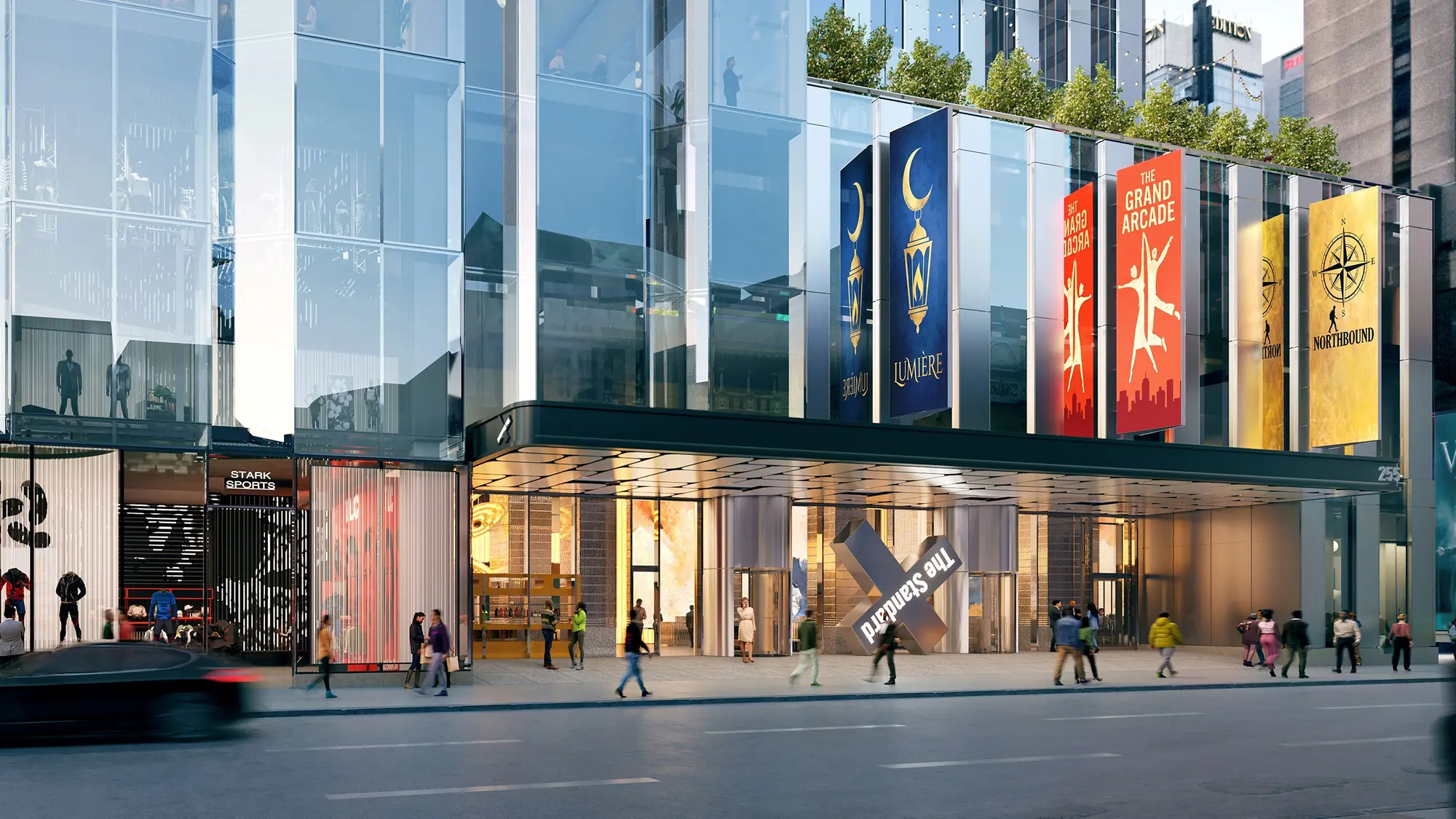 Architectural rendering of a glass hotel frontage with Broadway show banners on West 45th Street