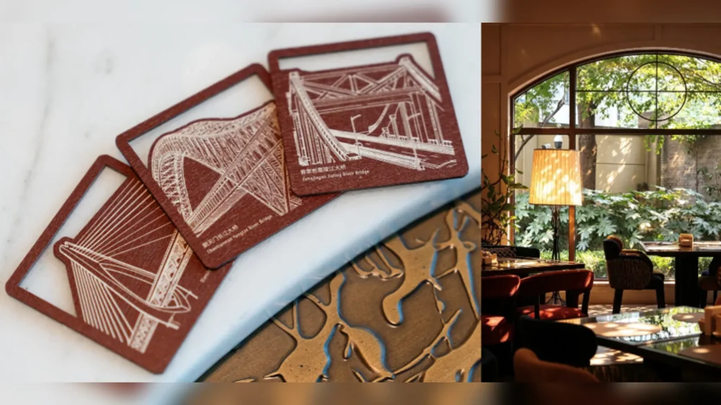 Bridge-motif cards on a marble table beside a hotel dining room