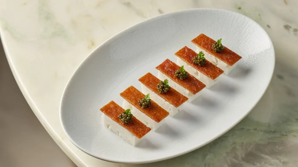 Six slices of white rice cake topped with crisp pork on an oval white plate