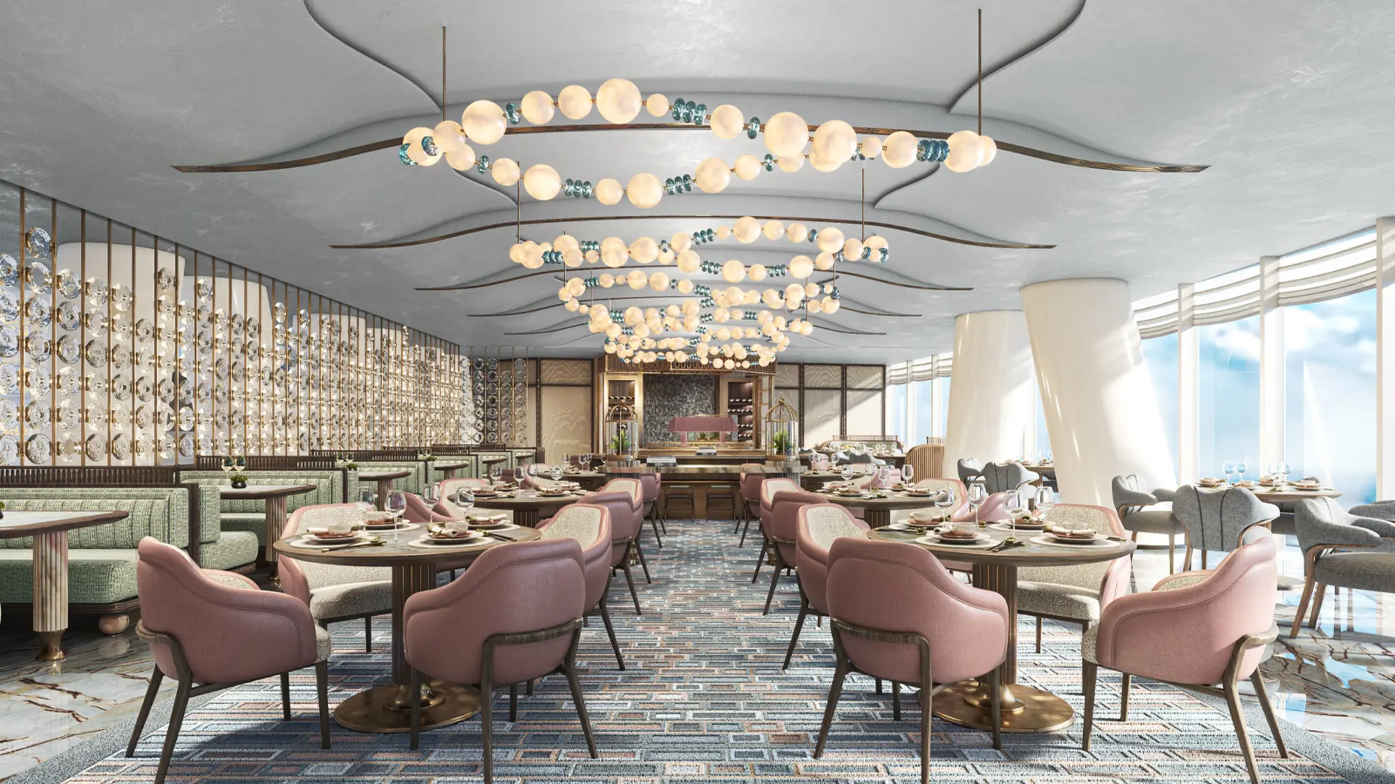 Restaurant dining room with pink armchairs, round tables, pearl-like ceiling lights and floor-to-ceiling windows